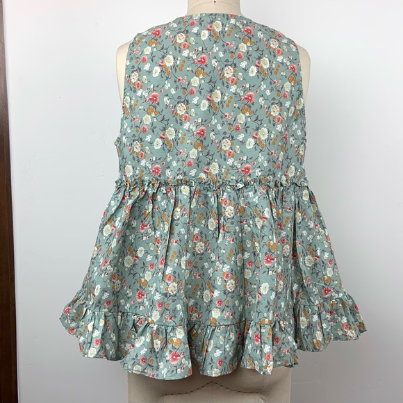 Ces Femme Cotton Ditsy Floral Print Ruffle Trim Babydoll Swing Tank Top Blouse - Picture 10 of 15